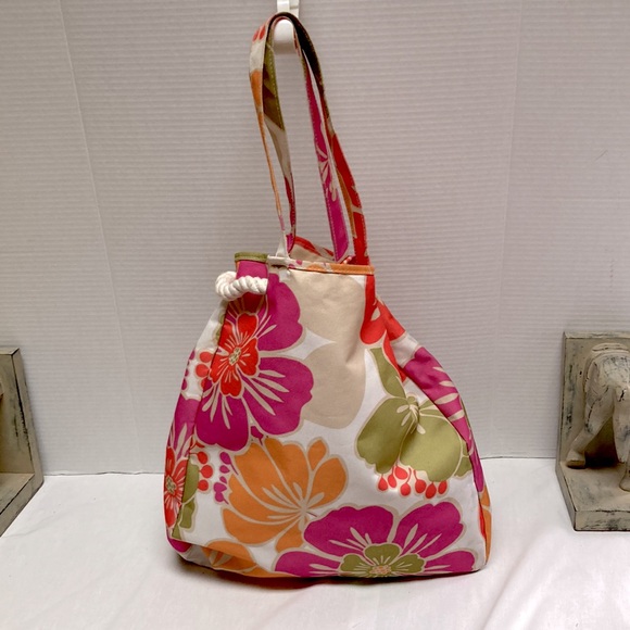 Hawaiian Floral Nautical Rope Tie with Handles Beach Tote Bag 13 x 13 x 3 inches - Picture 8 of 11
